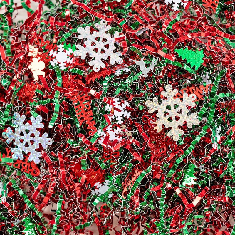Gloreyan 8.8oz Christmas Crinkle Cut Paper Shred, Xmas Metallic Red Green Raffia Paper Sherd Filler Grass with Christmas Confetti for Gift Wrapping Basket Filling Birthdays Weddings Party Supply - Image 1